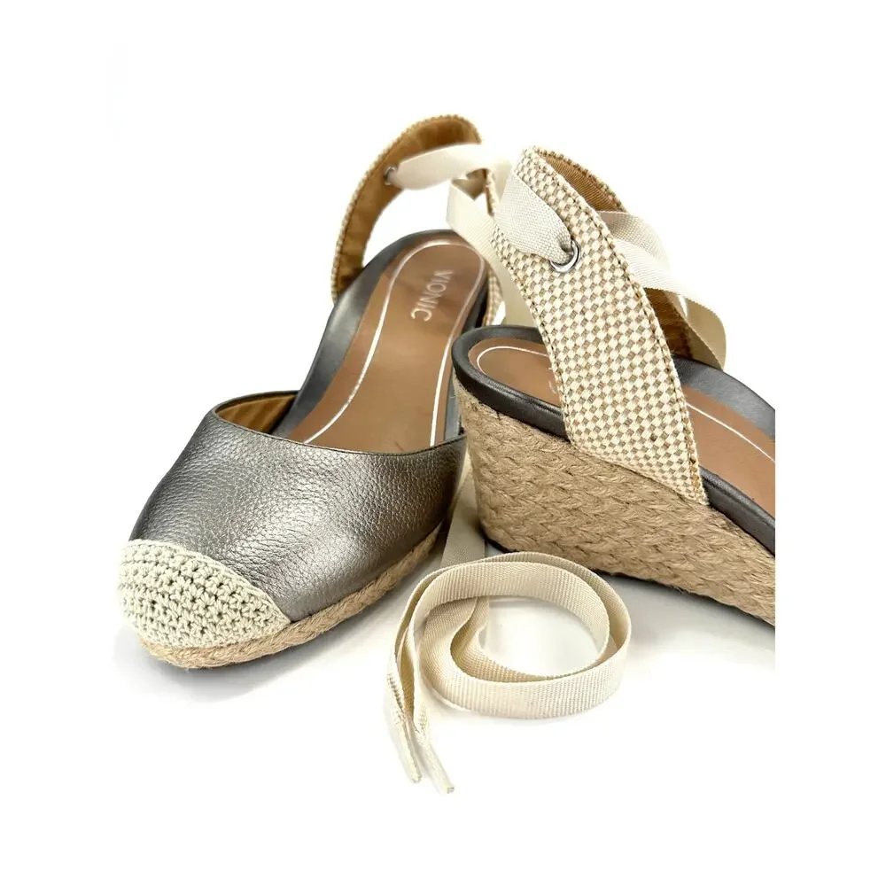 Vionic Maris Wedge Sandal Size 9/41 Gray/Pewter Leather Espadrille Closed Toe